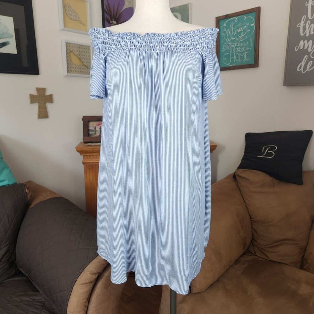 Cooperative Urban Outfitters Off the Shoulder Babydoll Blue Striped Dress Size M